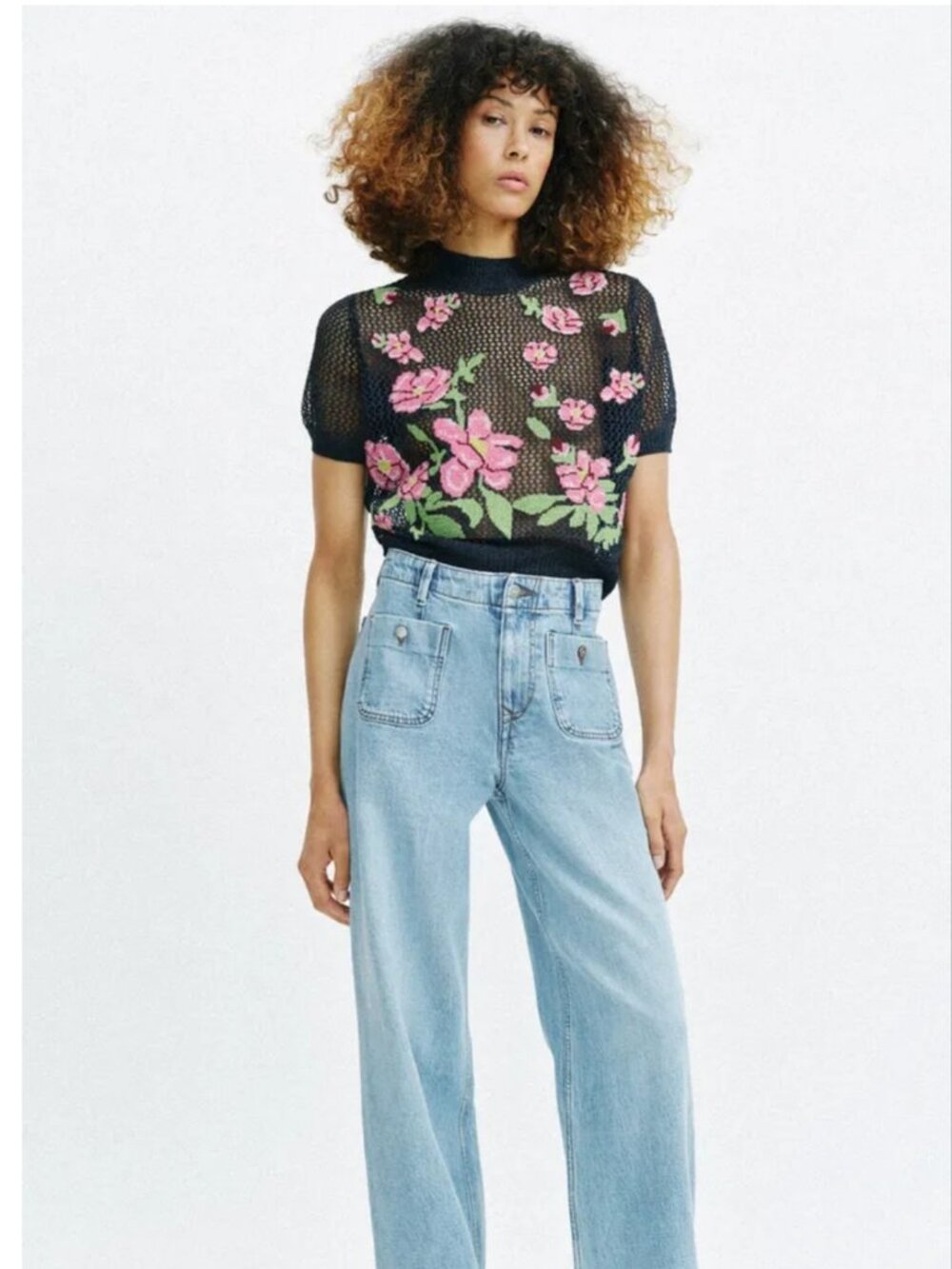 NWT ZARA Floral Embroidered Cutwork Open Knit Top - Blue/Pink Size M